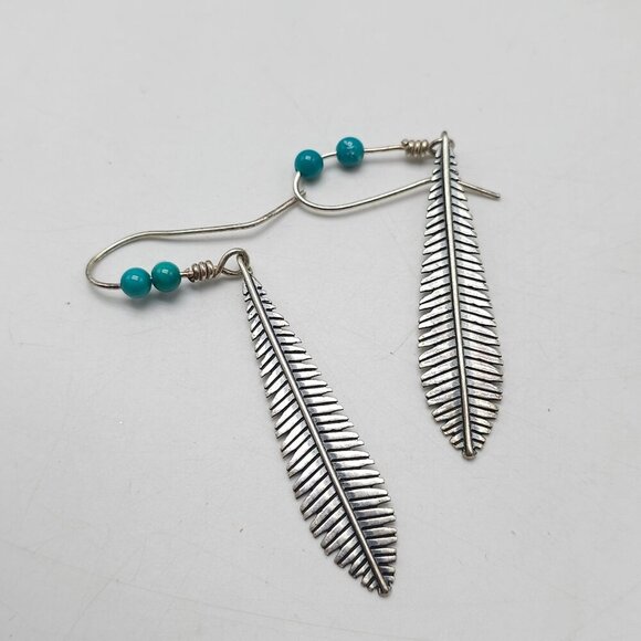 Sterling Silver Feather Earrings With Turquoise Beads Fish Hook Design - Picture 2 of 5